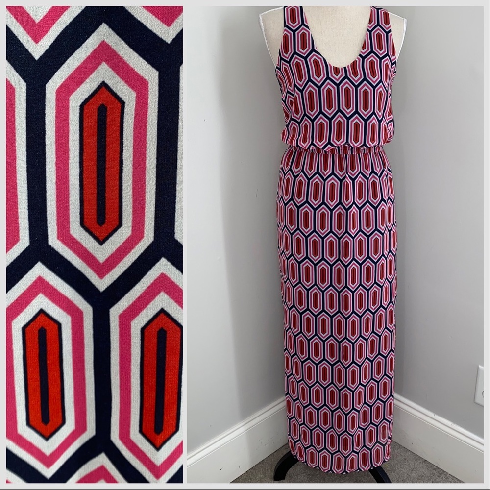 Banana Republic pink red black geometric elastic waist sleeveless maxi dress 0
